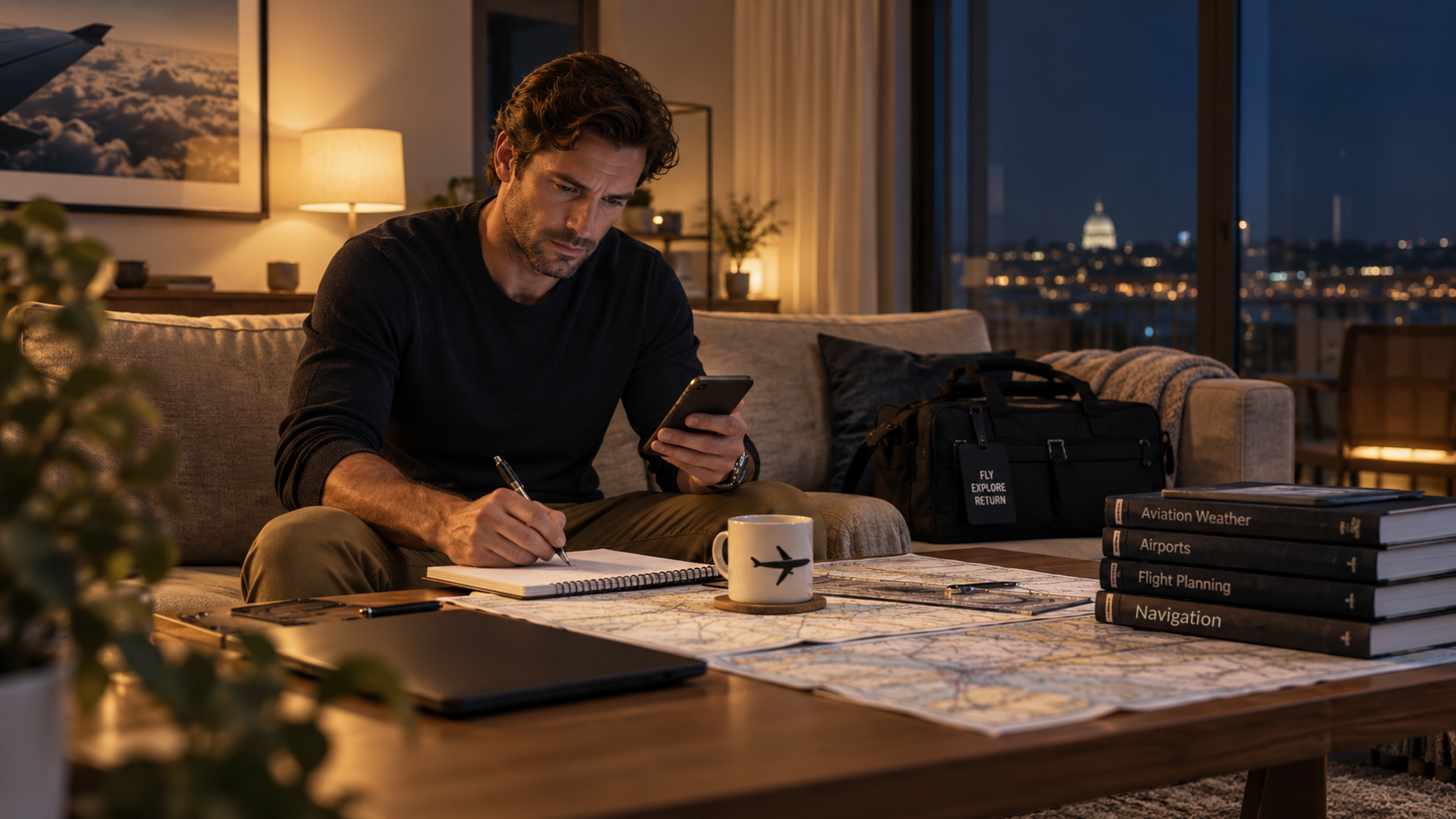 Pilot at home in the evening preparing calmly with notebook, coffee and travel bag