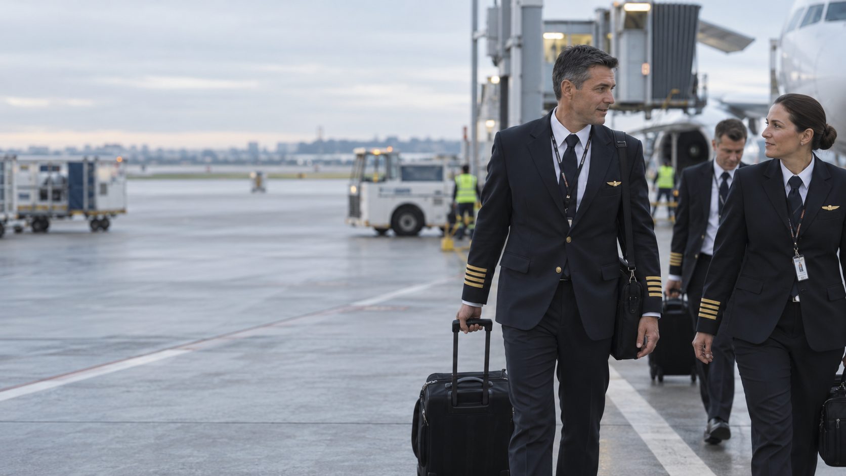 Airline pilots walking through an airside environment, aircraft secondary in the scene