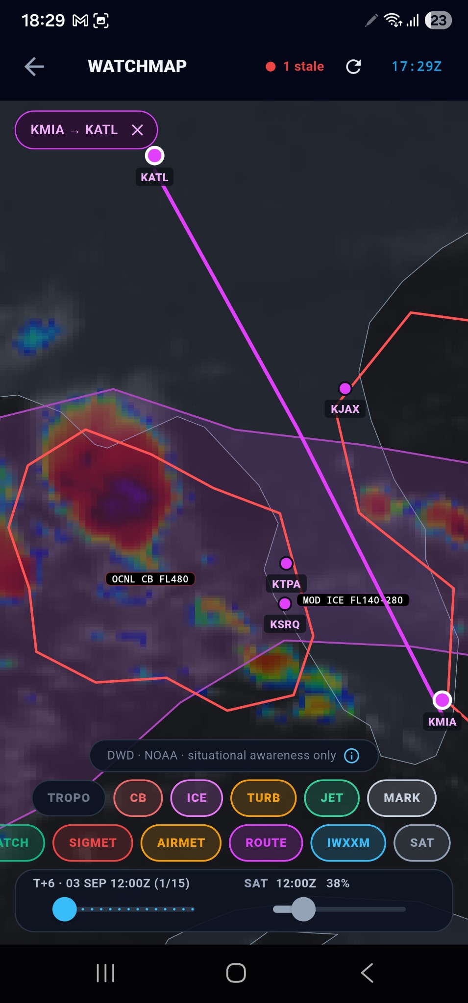 Watchmap with SIGMET polygons, icing and turbulence context and the forecast timeline