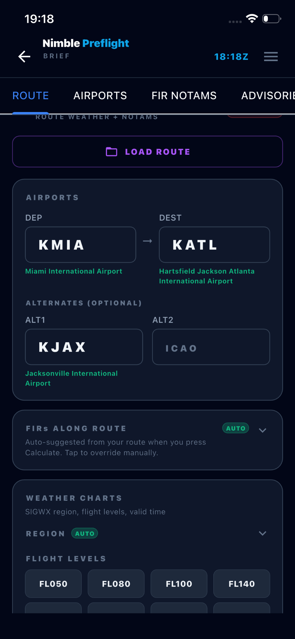 Brief route builder with airport fields and corridor settings