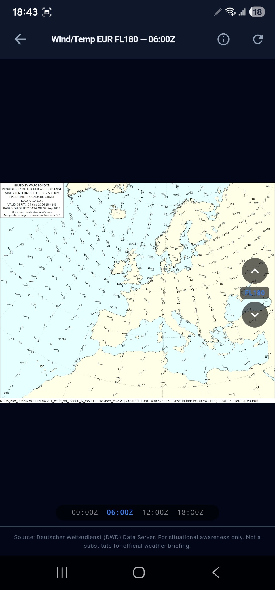 Wind and temperature chart with barbs at flight level
