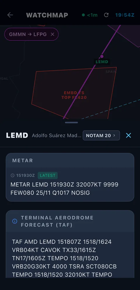 Airport sheet on the Watchmap showing raw METAR, TAF and NOTAM count for LEMD