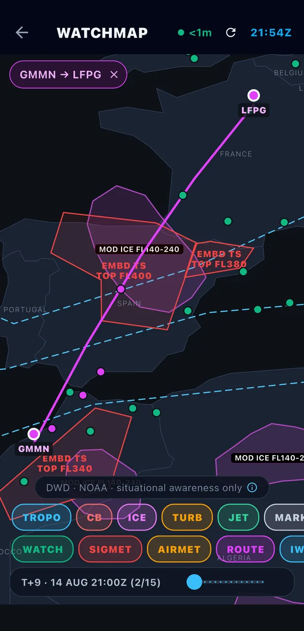 The same brief loaded into the Watchmap: GMMN to LFPG great-circle track with SIGMET and icing overlays on a timeline