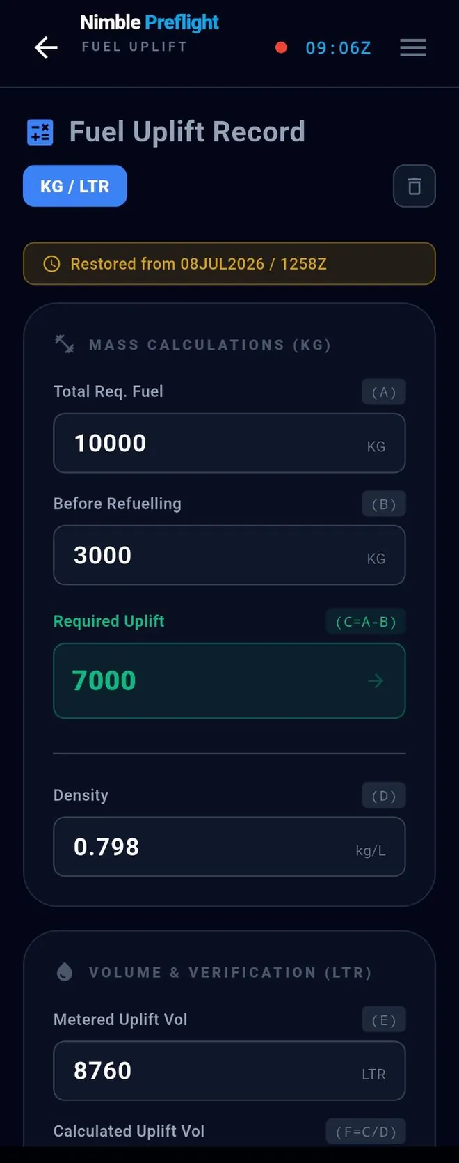 Nimble Preflight Fuel Uplift screen