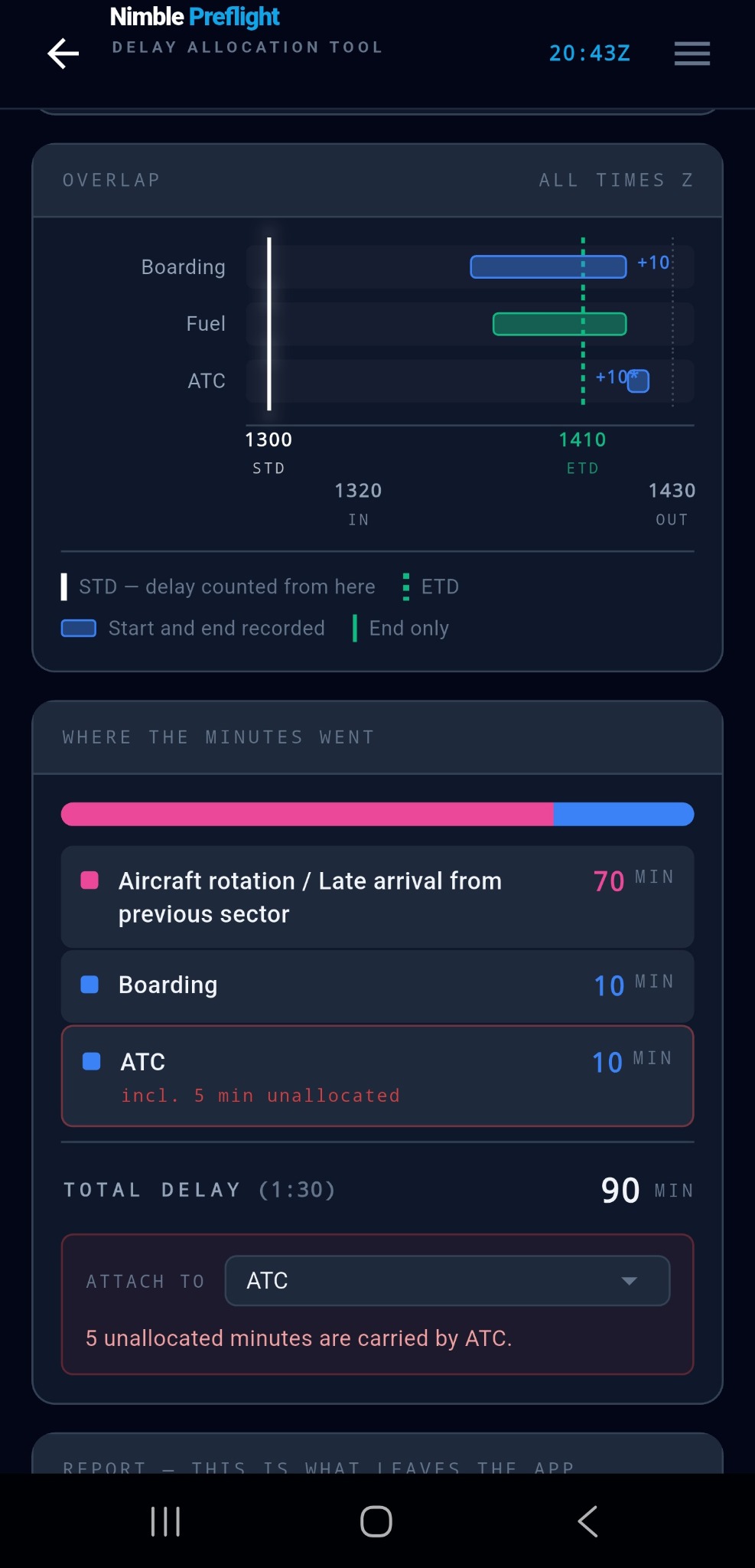 Nimble Preflight Delay Allocation screen