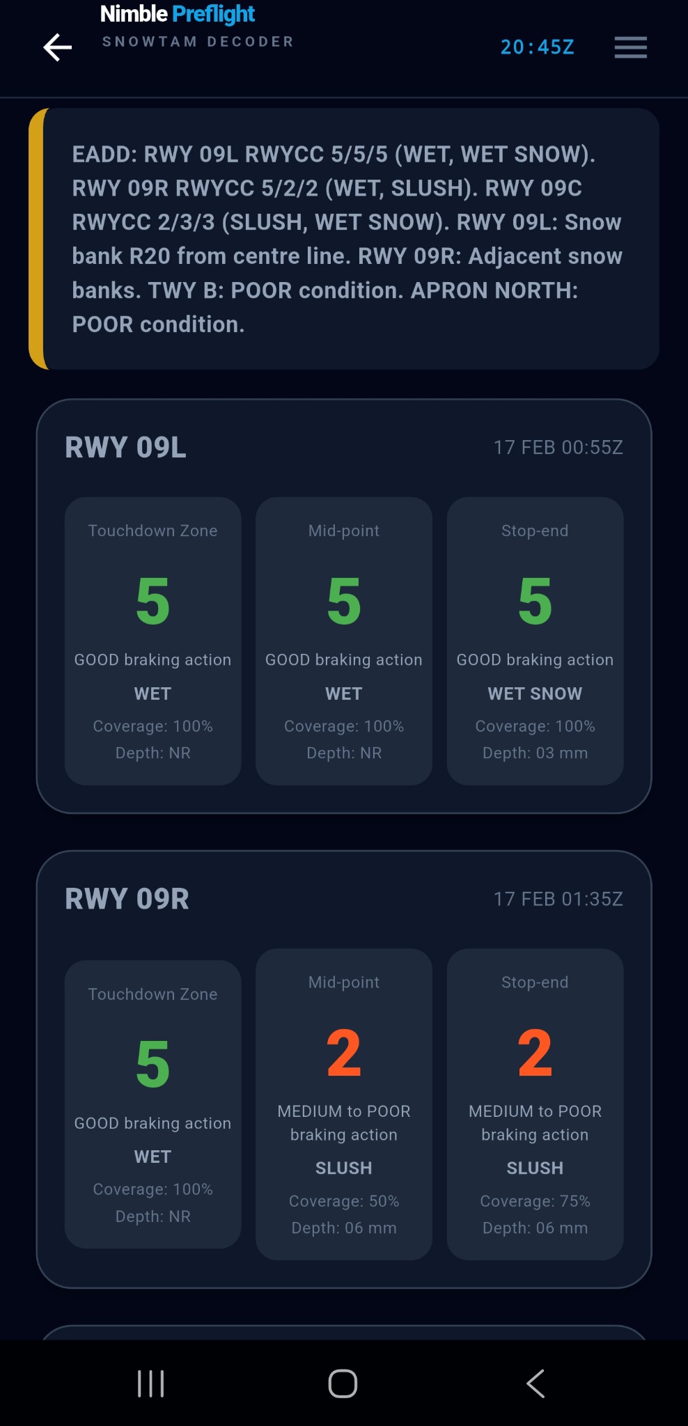 Nimble Preflight SNOWTAM Decoder screen