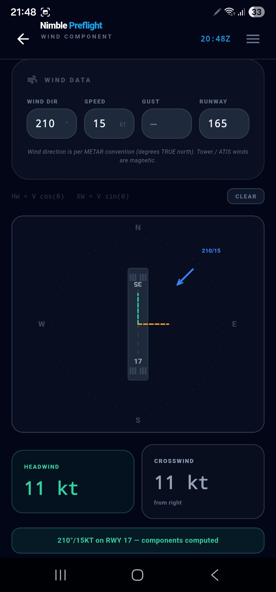 Nimble Preflight Wind Component screen
