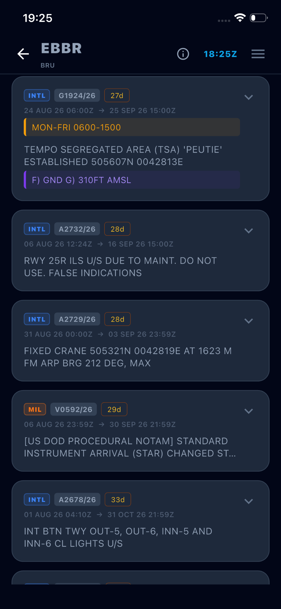 Airport NOTAM screen with amber NOTAM chips
