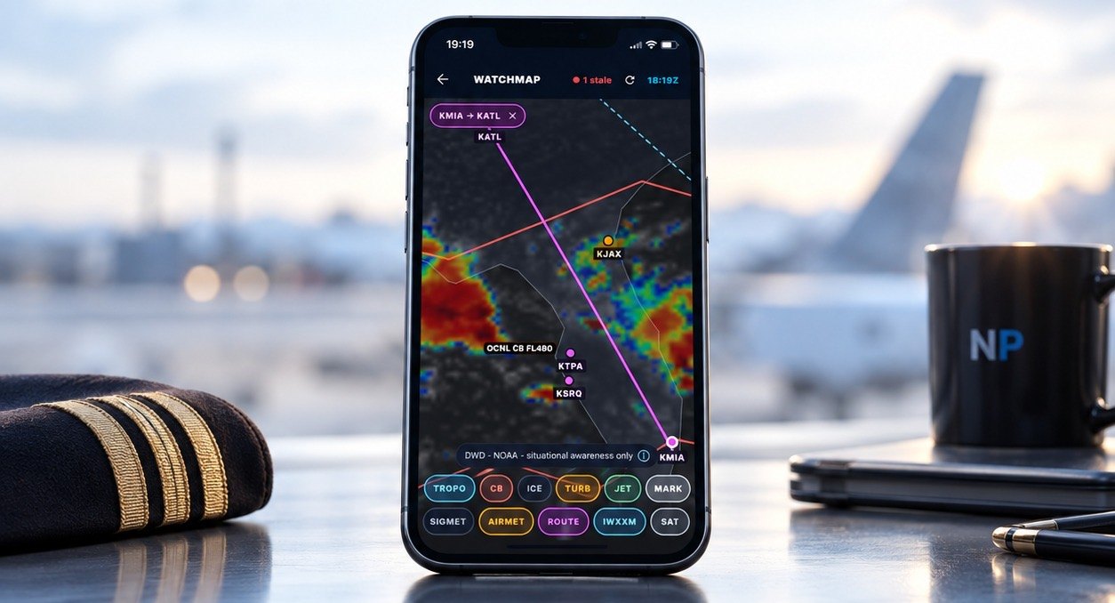 Nimble Preflight Watchmap on a phone beside a captain’s cap and an NP mug