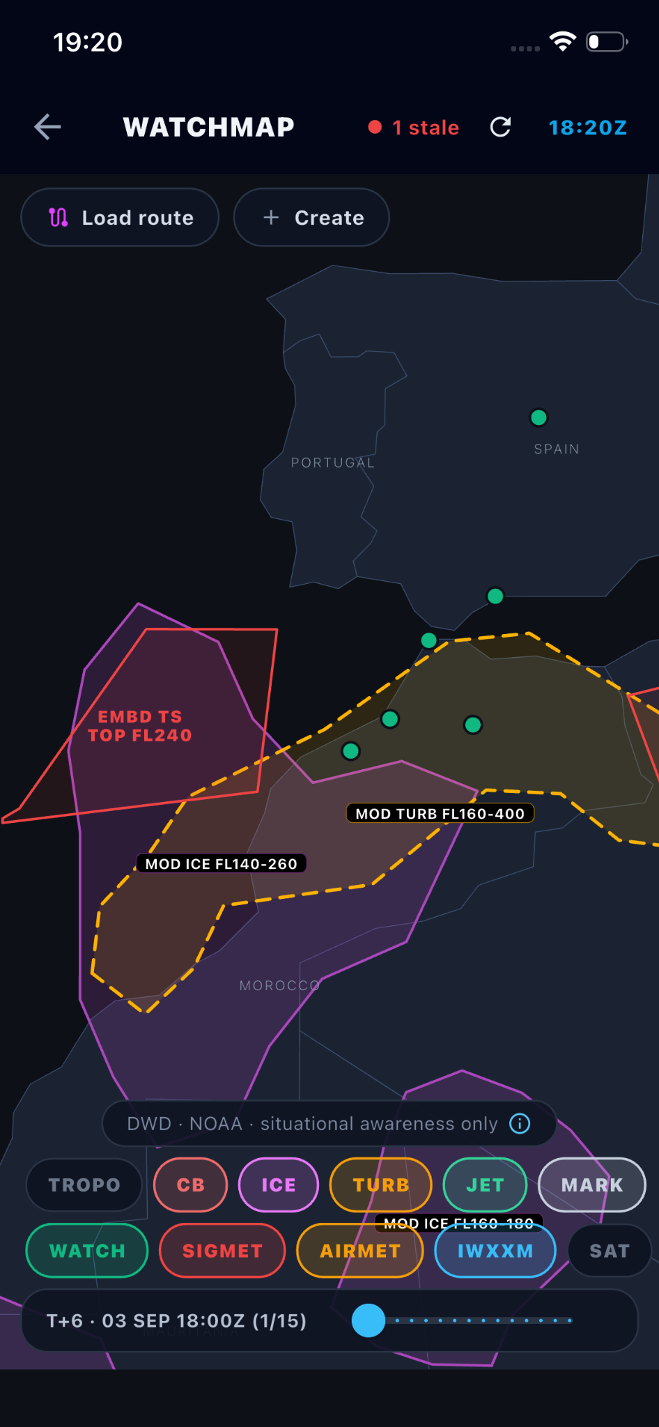 Watchmap showing layered SIGMET, AIRMET, icing and turbulence context